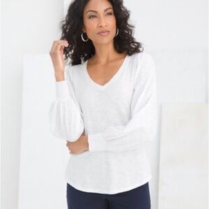 Cotton-Blend Slub Drama-Sleeve Top
